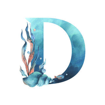 Capital letter D, part of the Latin alphabet decorated in a wet theme with corals, shells, algae, bubbles, blue and coral colors. Hand drawn watercolor illustration. Element isolated from background.