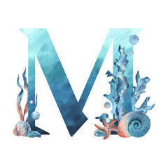 Capital letter M, part of the Latin alphabet decorated in a wet theme with corals, shells, algae, bubbles, blue and coral colors. Hand drawn watercolor illustration. Element isolated from background.