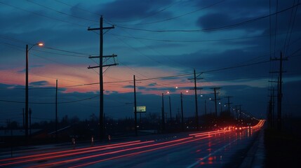 Poster - Electricity poles along a highway at dusk, with car headlights and a fading sky, emphasizing the connection between travel and power