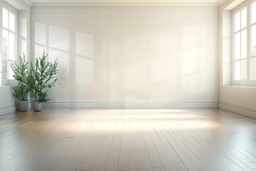 Wall Mural - Empty Room with House Plants and Wooden Floors Sunlight Background