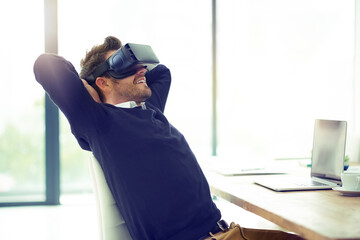 Poster - Man, vr and relax in office with smile, video and 3d user experience with futuristic vision for streaming. Person, augmented reality and glasses for metaverse, subscription and ui at startup