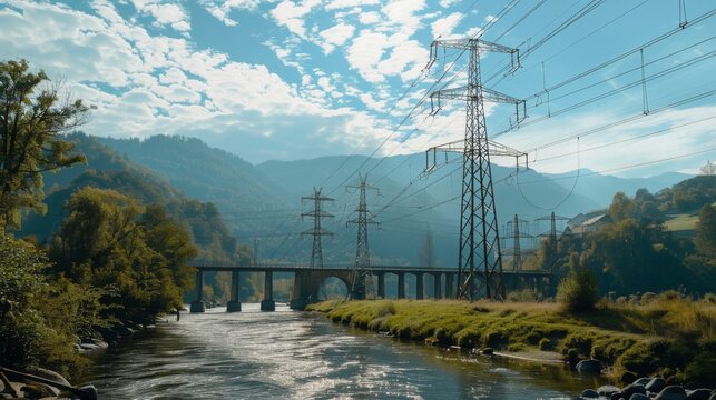 Electricity poles crossing a river via a bridge, highlighting the engineering feats required to maintain electrical connections