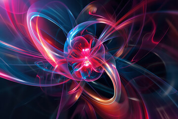 Develop an image of a proton in a nucleus, nuclear physics theme, side view, emphasizing strong nuclear force, futuristic tone, triadic color scheme.