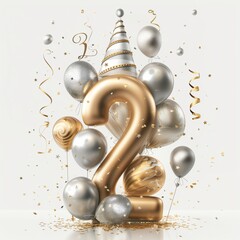 The number 2, decorated with elegant gold and silver balloons, streamers, and a classy birthday hat, against a white background