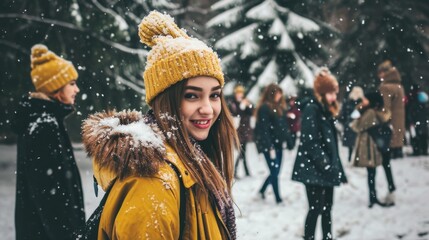 Wall Mural - A woman wearing a bright yellow jacket and matching hat, with a cheerful expression