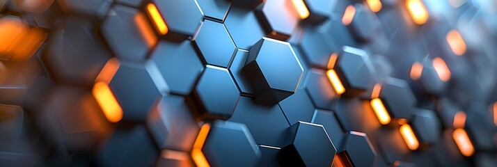 Poster - a wall of hexagonal tiles with orange lights on them and a blue background