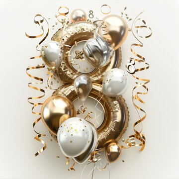 The number 8, decorated with elegant gold and silver balloons, streamers, and a classy birthday hat, against a white background