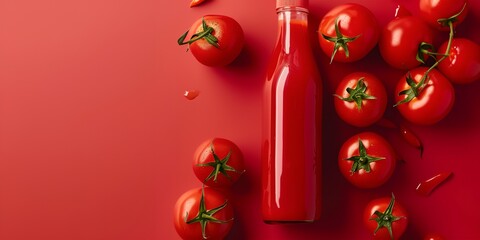 Wall Mural - a bottle of juice surrounded by tomatoes on a red background