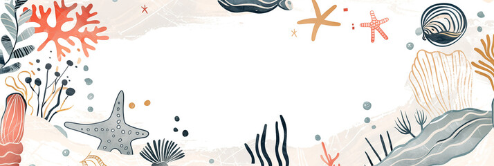 Wall Mural - Sea life banner with starfish, coral, and shells in pastel colors. Panoramic web header. Wide screen wallpaper with copy space