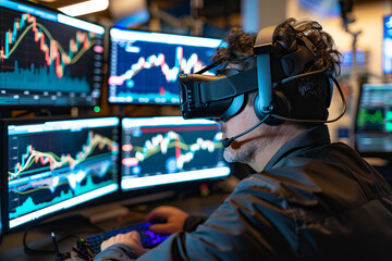 Poster - A man wearing a virtual reality headset is looking at a computer monitor