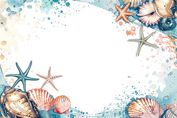Wall Mural - Seashell and starfish frame with seaweed on white background