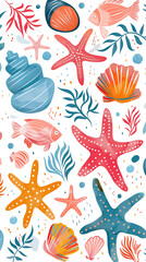 Wall Mural - Pattern with seashells, starfishes and other marine elements on white background