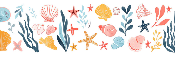 Wall Mural - Underwater scene with shells, coral, and plants banner. Panoramic web header. Wide screen wallpaper