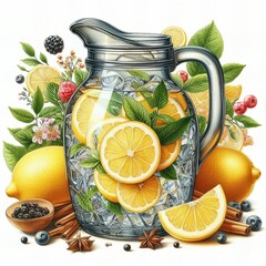 Wall Mural - A pitcher of lemonade with ice cubes and a few berries.