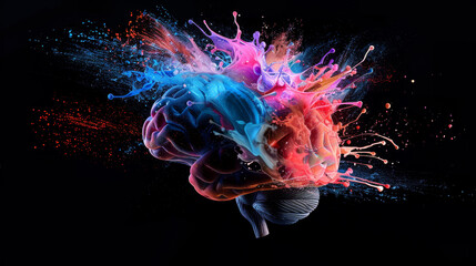 Poster - A colorful brain with red, blue and purple splashes of paint