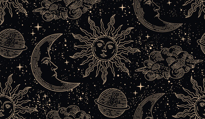 Wall Mural - seamless pattern with magical elements. set of linear vector illustrations. heavenly illustrations. 