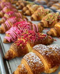 Wall Mural - Freshly Baked Croissants With Pink Glaze and Sprinkles on Marble Countertop