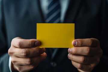 Closeup of a businessman holding a yellow business card in both hands