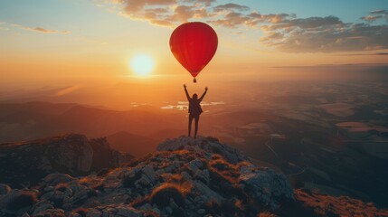 Silhouette Of Person Celebrating Sunrise Over Mountain Range With Hot Air Balloon