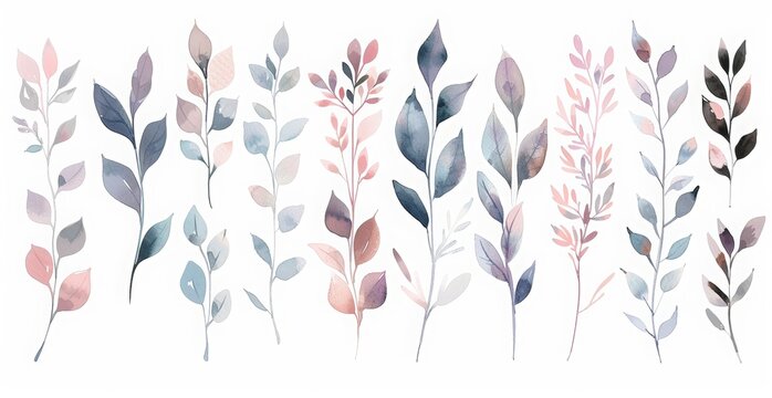 Set of hand drawn watercolor vector illustrations of leaves and flowers clip art, with a pastel color palette on a white background 