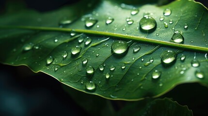 A close-up shot of a green leaf with water droplets glistening on its surface