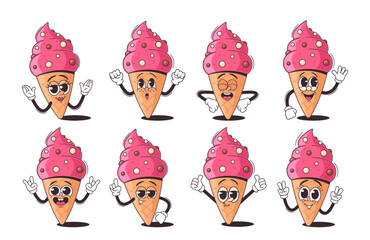 Wall Mural - set of adorable and colorful cartoon ice cream cone characters showing different face emotions and p