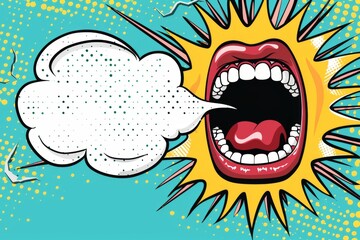 Wall Mural - Comic book style pop art with open mouth yelling and speech bubble