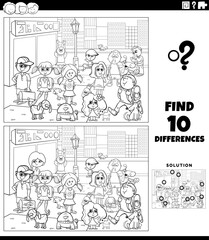 Wall Mural - differences activity with cartoon children in the city coloring page