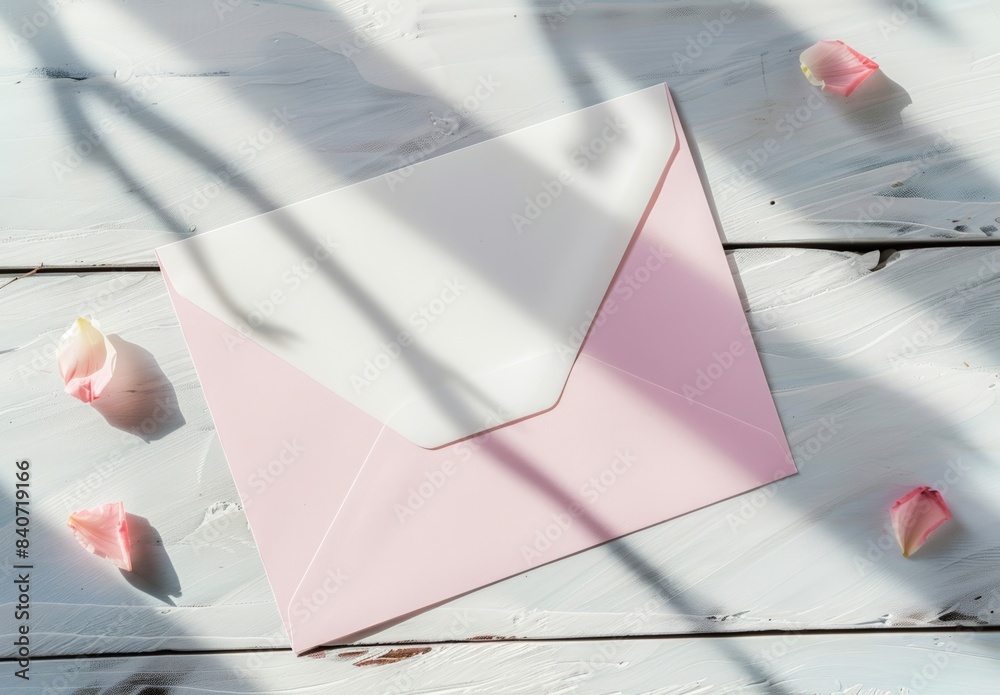 blank white card and pink envelope on a light wood background, a mockup ...