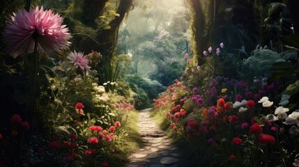 Wall Mural - road in a flower garden blooming in the forest