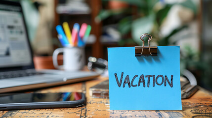 Office table with the message: Vacation or holidays written on a note. Laptop and office supplies on blurred background. Out of the office.