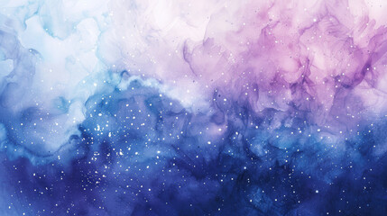Wall Mural - Abstract watercolor space background with vibrant blue and purple gradients, stars scattered across, a faint nebula in the center, empty space for text 