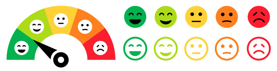 Feedback concept design set. Feedback emoji. Bad and Good Review. Emoticon, emoji and smile, emotions scale. Happy and Sad reaction. Mood faces for survey, rating icons. Vector illustration