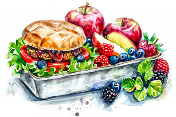 Wall Mural - Closeup of a healthy lunch box containing a veggie burger, apple slices, and mixed berries, isolated on a white background, watercolor illustration 
