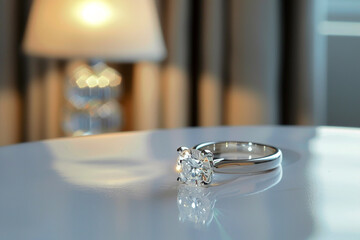 Wall Mural - Engagement ring on a table with a lamp, solid white background.