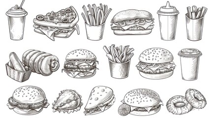 Wall Mural - fast food illustration black and white sketch isolated illustration