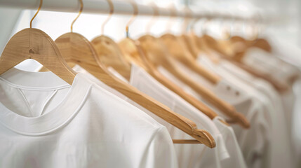 White t-shirts lined up on wooden hangers in a fashion store, waiting for customers to shop and buy