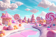 © Kien - 3D render of Candy Land with giant lollipops, marshmallows and championships on the horizon against a light blue sky in pastel colors