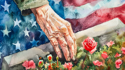 Closeup of an elderly hand placing a red rose on a tombstone with an American flag in the background, watercolor illustration 