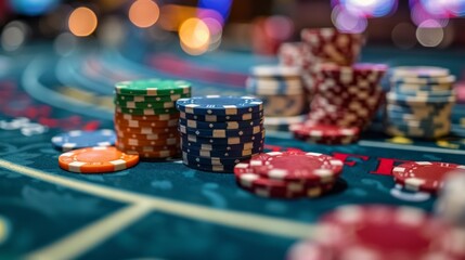 Wall Mural - Stacks of Casino Chips on a Green Felt Table