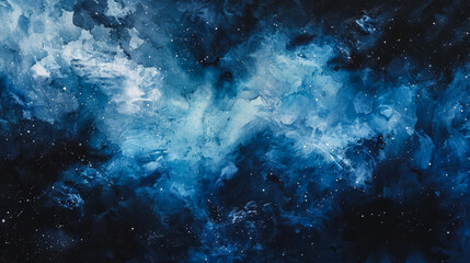 Wall Mural - Deep space watercolor background, rich navy and black gradients, bright stars and glowing nebula, abstract patterns, vast empty space for text 