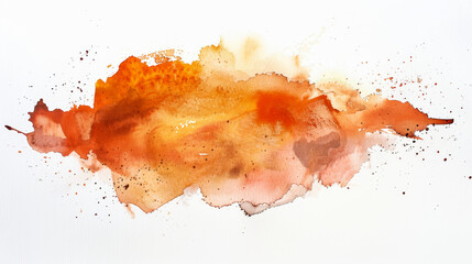 Poster - Expressive abstract watercolor blotches in orange and brown on a white background, empty space for text 