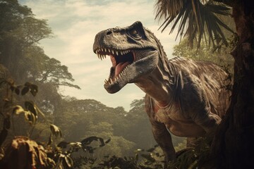 Wall Mural - dinosaur stands in prehistoric environment. photorealistic.