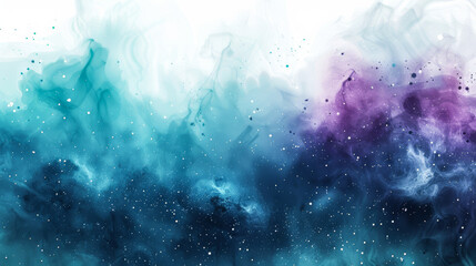 Wall Mural - Mystical watercolor space, dark teal and violet gradients, glowing star clusters, abstract nebula, white background for text placement 