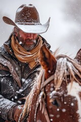 Wall Mural - cowboy on horseback in wild rugged field in winter with snow.