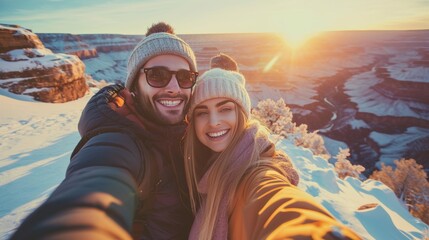 Wall Mural - young couple taking photos in grand canyon in winter with snow.