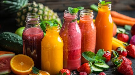 Poster - Colorful fresh fruit and vegetable smoothies in glass bottles on the rustic wooden table. Vibrant image showcasing healthy food and beverage. Perfect for healthy lifestyle and nutrition themes. AI