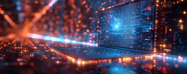 Poster - Glowing laptop with blue lights surrounded by digital data effects