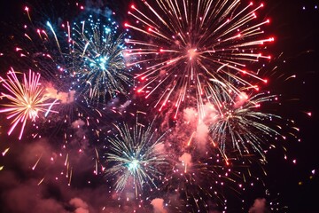 Poster - Bright, sparkling firework explosion, captivating scene of fireworks bursting into radiant patterns against the canvas of a dark night