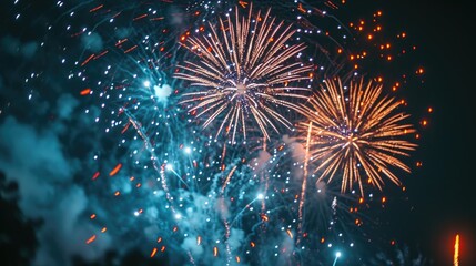 Poster - Bright, exploding fireworks; sparkling lights., captivating scene of fireworks bursting into radiant patterns against the canvas of a dark night